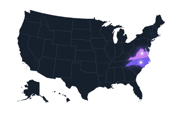 Map of the United States highlighting SoftwarePac service areas in Virginia and North Carolina